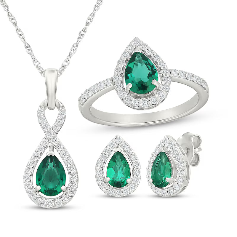 Pear-Shaped Lab-Created Emerald & White Lab-Created Sapphire